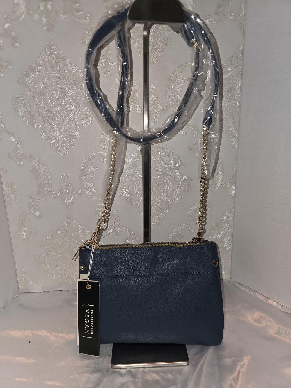 Vegan Blue Crossbody Bag with Gold Chain Strap